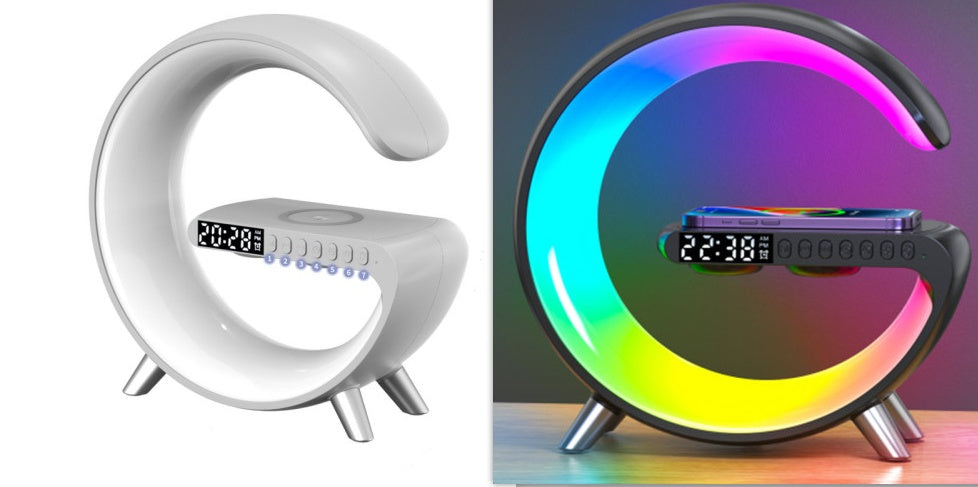 Nuova lampada LED intelligente a forma di G con altoparlante Bluetooth, caricabatterie wireless, lampada d'atmosfera, controllo tramite app per l'arredamento della camera da letto.