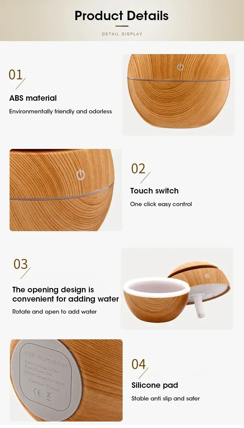 Mini diffusore di oli essenziali USB a ultrasuoni effetto legno, umidificatore portatile da tavolo per aromaterapia, per uso domestico e in ufficio