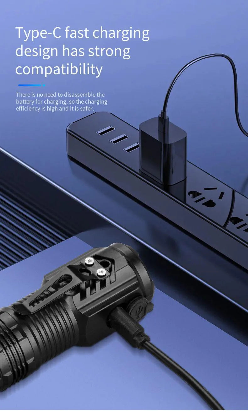 Nuova torcia ultra potente con 3 LED Core, mini torcia tattica ricaricabile ad alta potenza, torcia a LED con clip in metallo per penna e lampada portatile