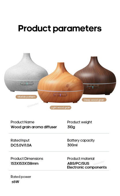 Diffusore di aromaterapia con venature del legno, umidificatore USB, purificatore d'aria da tavolo, diffusore di aromi a nebbia fredda/set di oli essenziali