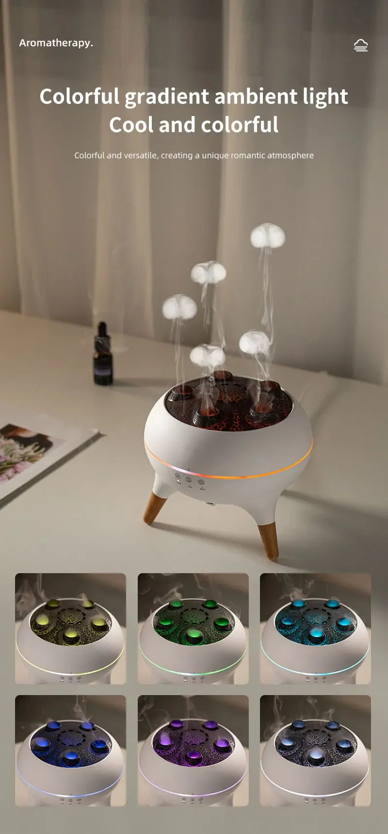 Umidificatore d'aria dinamico Jellyfish da 250 ml, diffusore di oli essenziali, telecomando, umidificatore per camera da letto con 7 luci notturne colorate