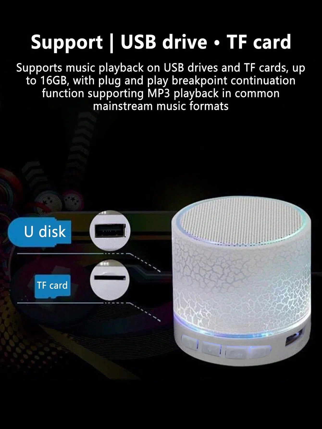 Mini altoparlante wireless, subwoofer, mini altoparlante wireless con luce a 7 colori Dazzle Crackle, piccolo altoparlante portatile