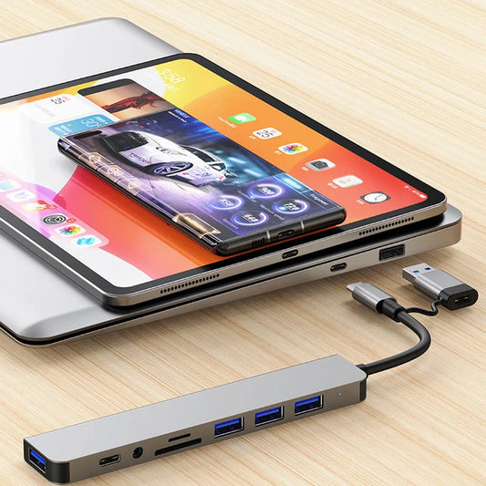 Docking station HUB USB + Type C 8 in 2 con adattatore jack audio da 3,5 mm, lettore di schede Micro SD, convertitore per laptop, tablet, telefono e disco