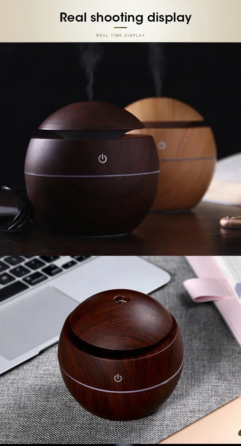 Mini diffusore di oli essenziali USB a ultrasuoni effetto legno, umidificatore portatile da tavolo per aromaterapia, per uso domestico e in ufficio
