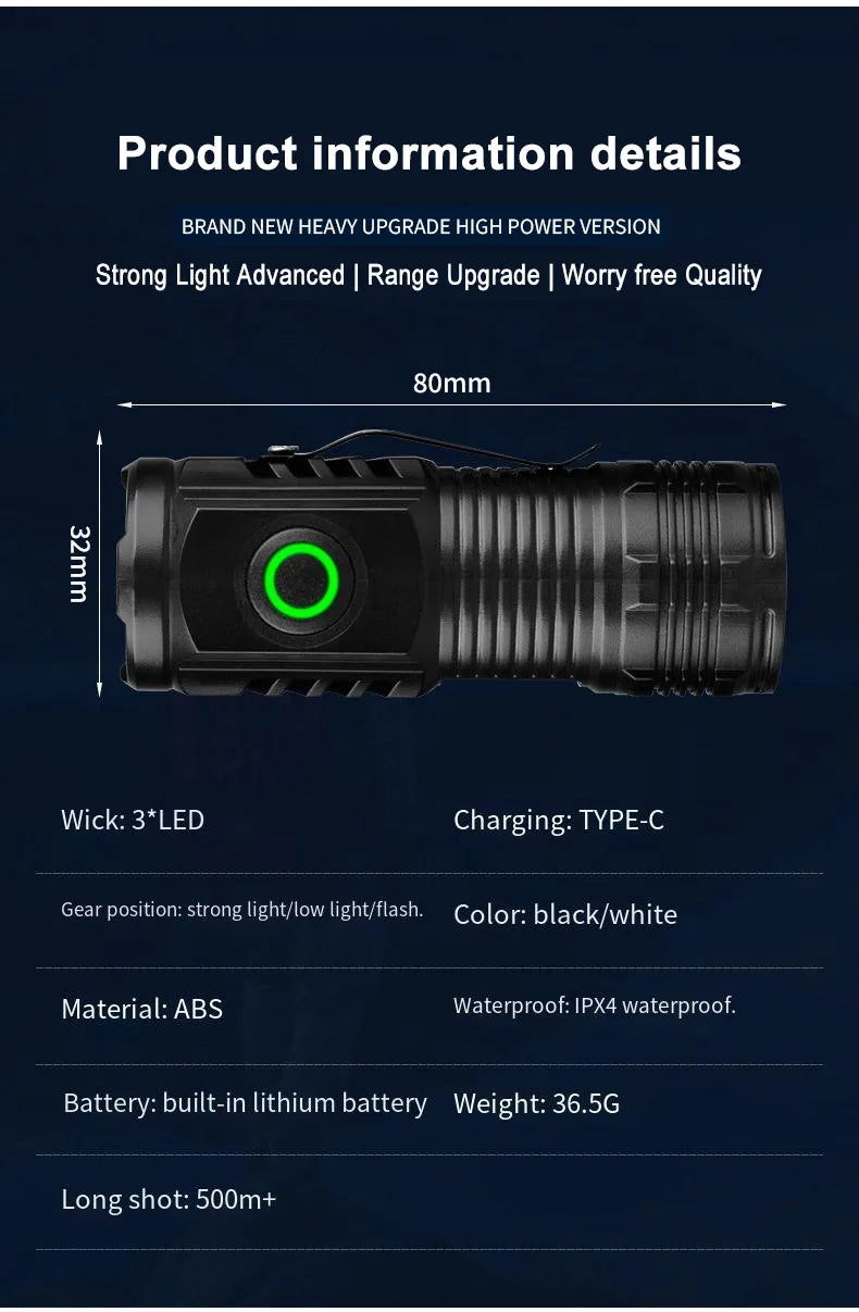 Nuova torcia ultra potente con 3 LED Core, mini torcia tattica ricaricabile ad alta potenza, torcia a LED con clip in metallo per penna e lampada portatile