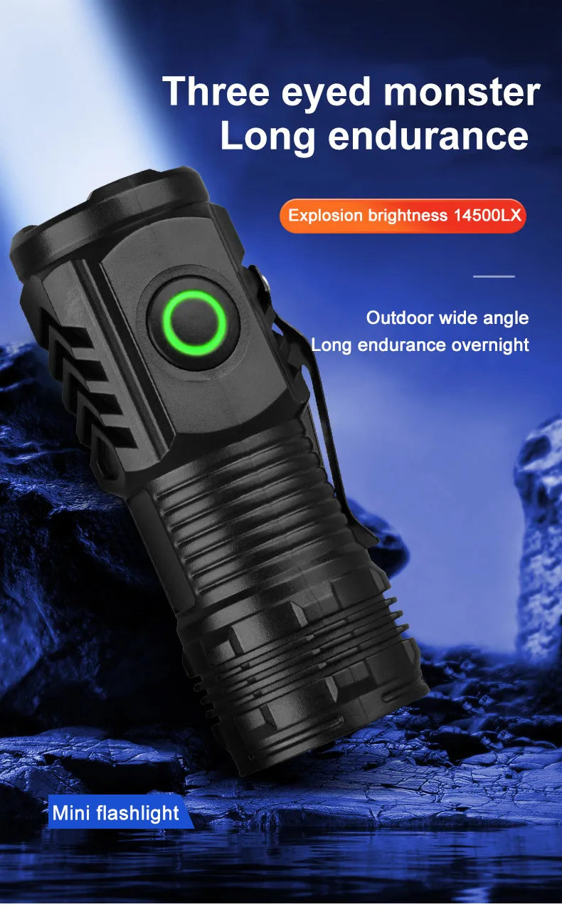 Nuova torcia ultra potente con 3 LED Core, mini torcia tattica ricaricabile ad alta potenza, torcia a LED con clip in metallo per penna e lampada portatile
