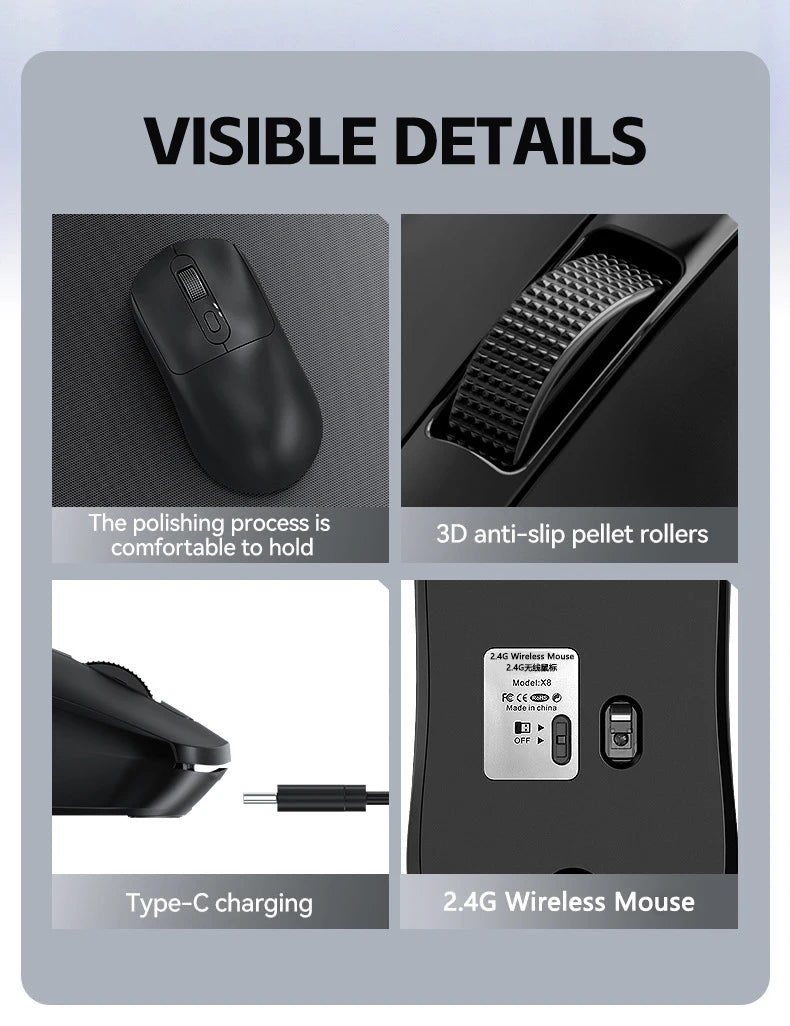 Mouse da gioco wireless Warvank X8 da 500 mAh, ricaricabile TYPE-C, adatto per computer desktop portatili