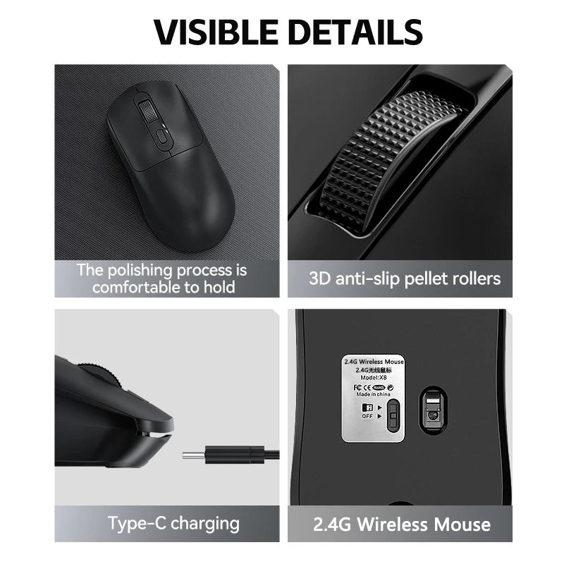 Mouse da gioco wireless Warvank X8 da 500 mAh, ricaricabile TYPE-C, adatto per computer desktop portatili