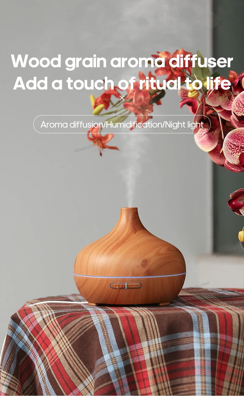 Diffusore di aromaterapia con venature del legno, umidificatore USB, purificatore d'aria da tavolo, diffusore di aromi a nebbia fredda/set di oli essenziali