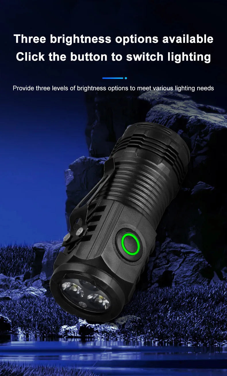 Nuova torcia ultra potente con 3 LED Core, mini torcia tattica ricaricabile ad alta potenza, torcia a LED con clip in metallo per penna e lampada portatile