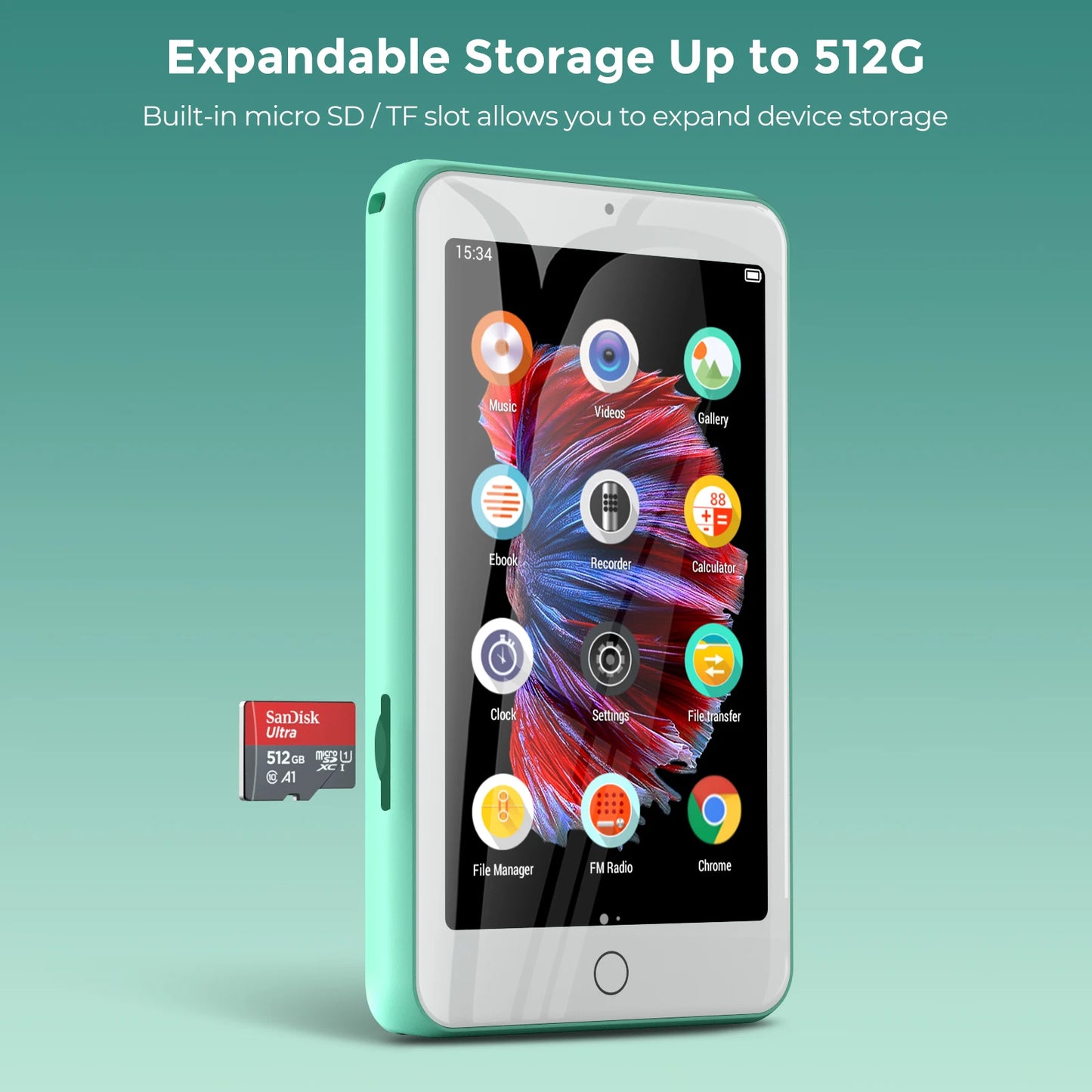 Lettore MP4/MP3 portatile con altoparlanti Bluetooth e Wi-Fi, lettore musicale con video, radio FM, eBook, registratore, capacità fino a 512 GB